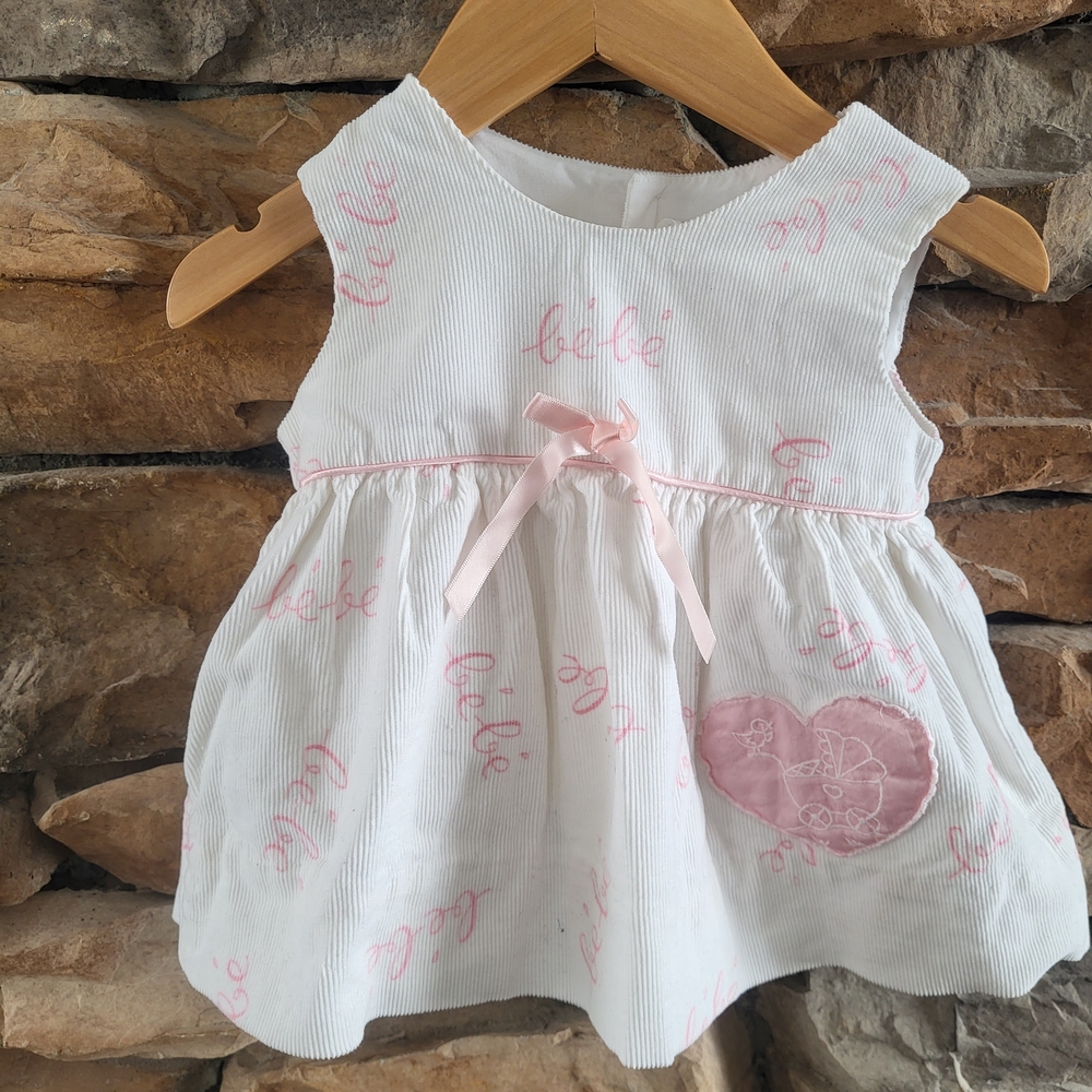 Vintage White Baby Dress with Pink Script & Heart Applique